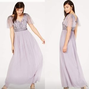 Beaded Bodice Flutter Sleeve Chiffon Dress
